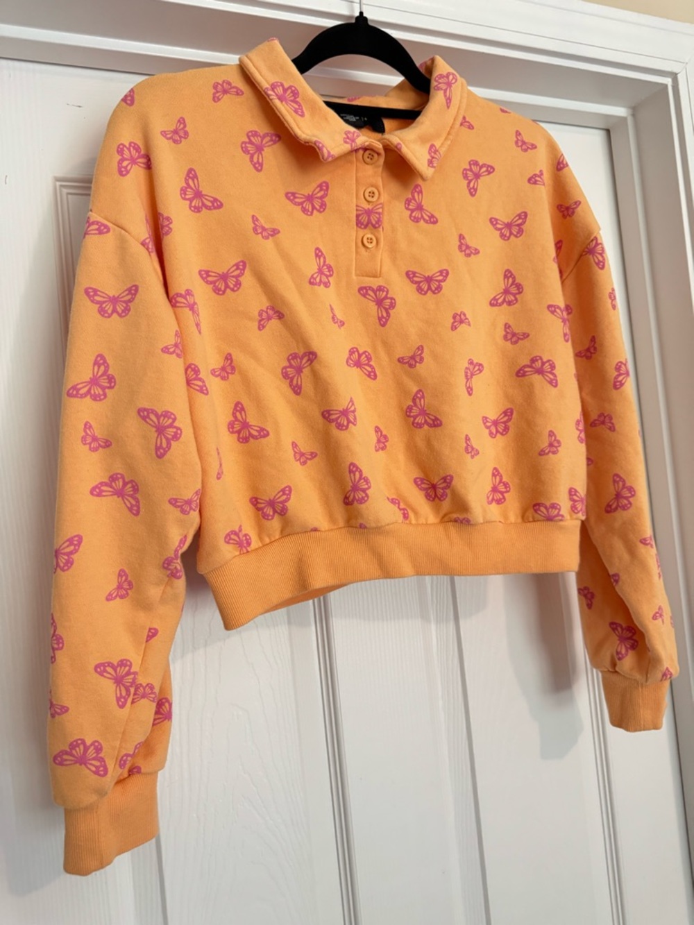 Forever 21 Peach-Orange Cropped Polo Sweatshirt with Pink Butterfly Print